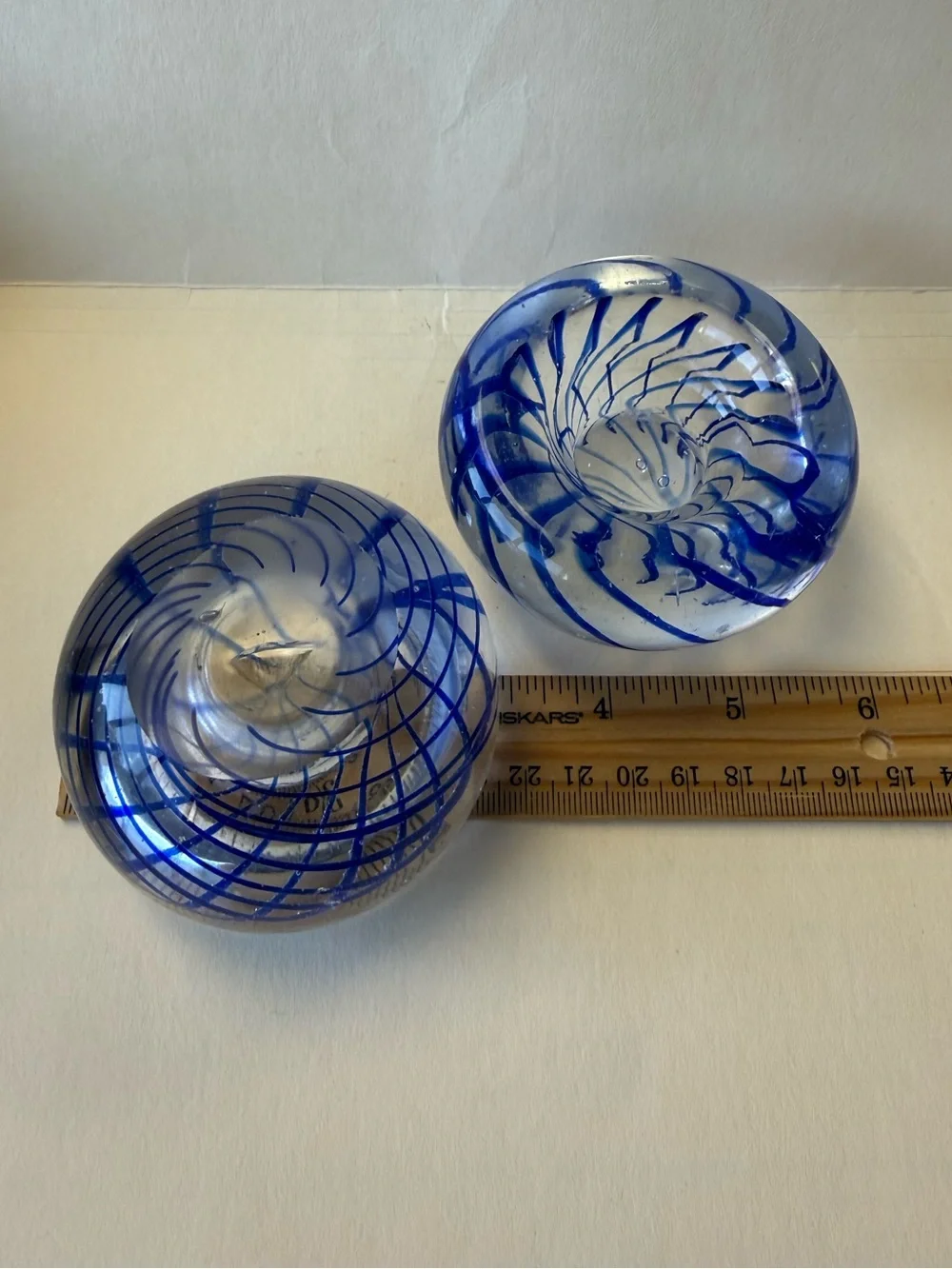 Pair of Handmade Art Glass Paperweight Candle Holders. Clear with Blue Swirl.